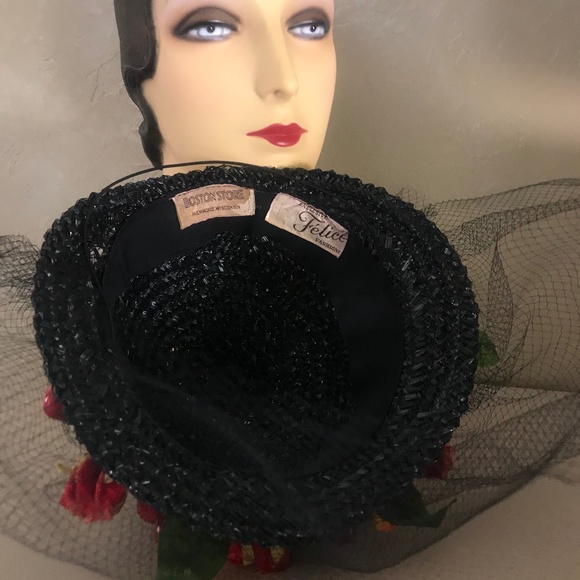 CHARISMATIC 1930s\' BLACK STRAW TOQUE WITH IMITATION CHERRIES, FLOWERS & VEIL main image 5